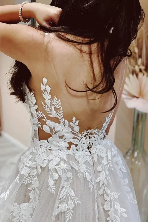 A Line V-neck Tulle Lace Appliques Beach Wedding Dresses Bridal Gown TN380
