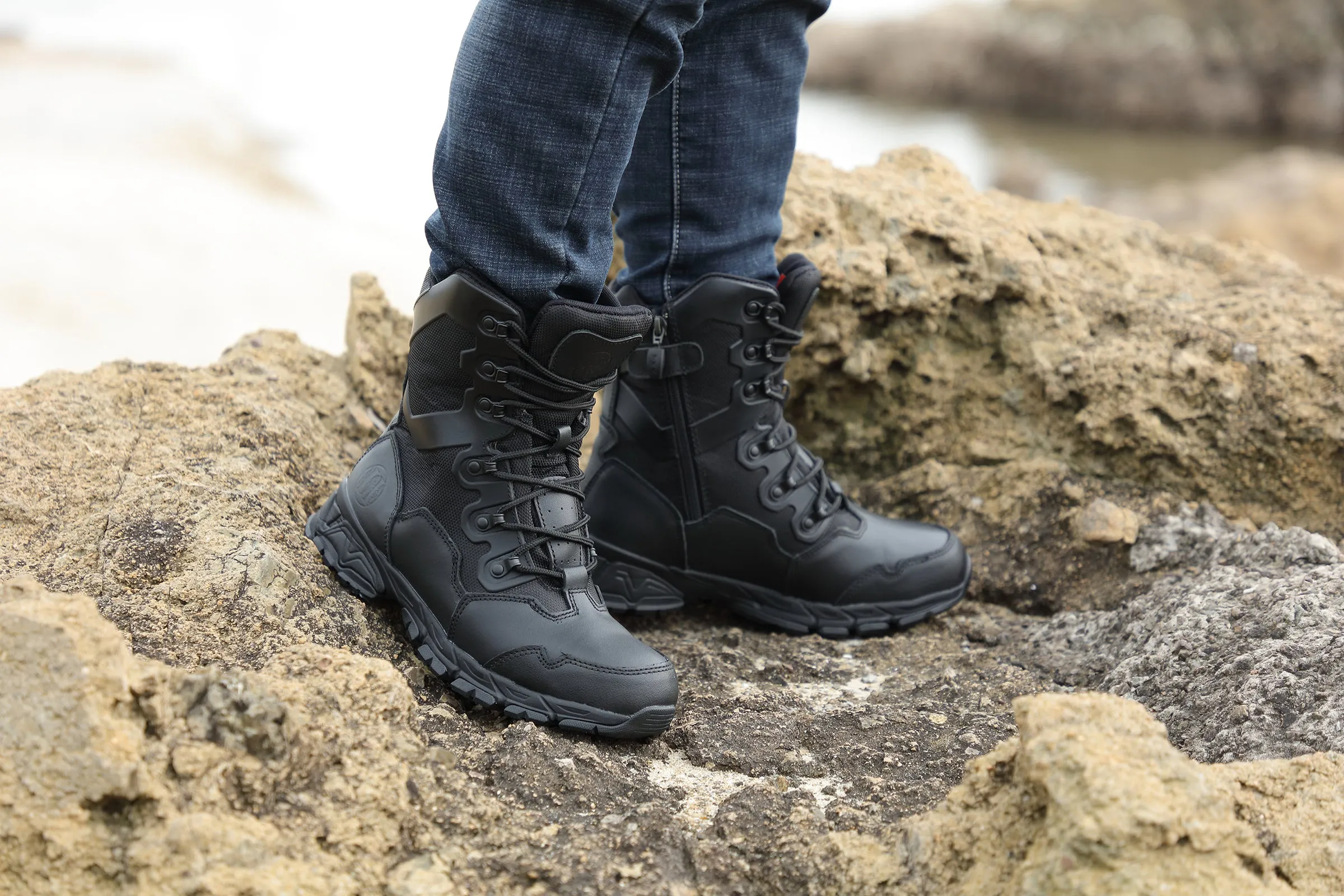 AM1003 8" Men's Military Tactical Work Boots, Hiking Motorcycle Combat Boots with YKK Side Zipper