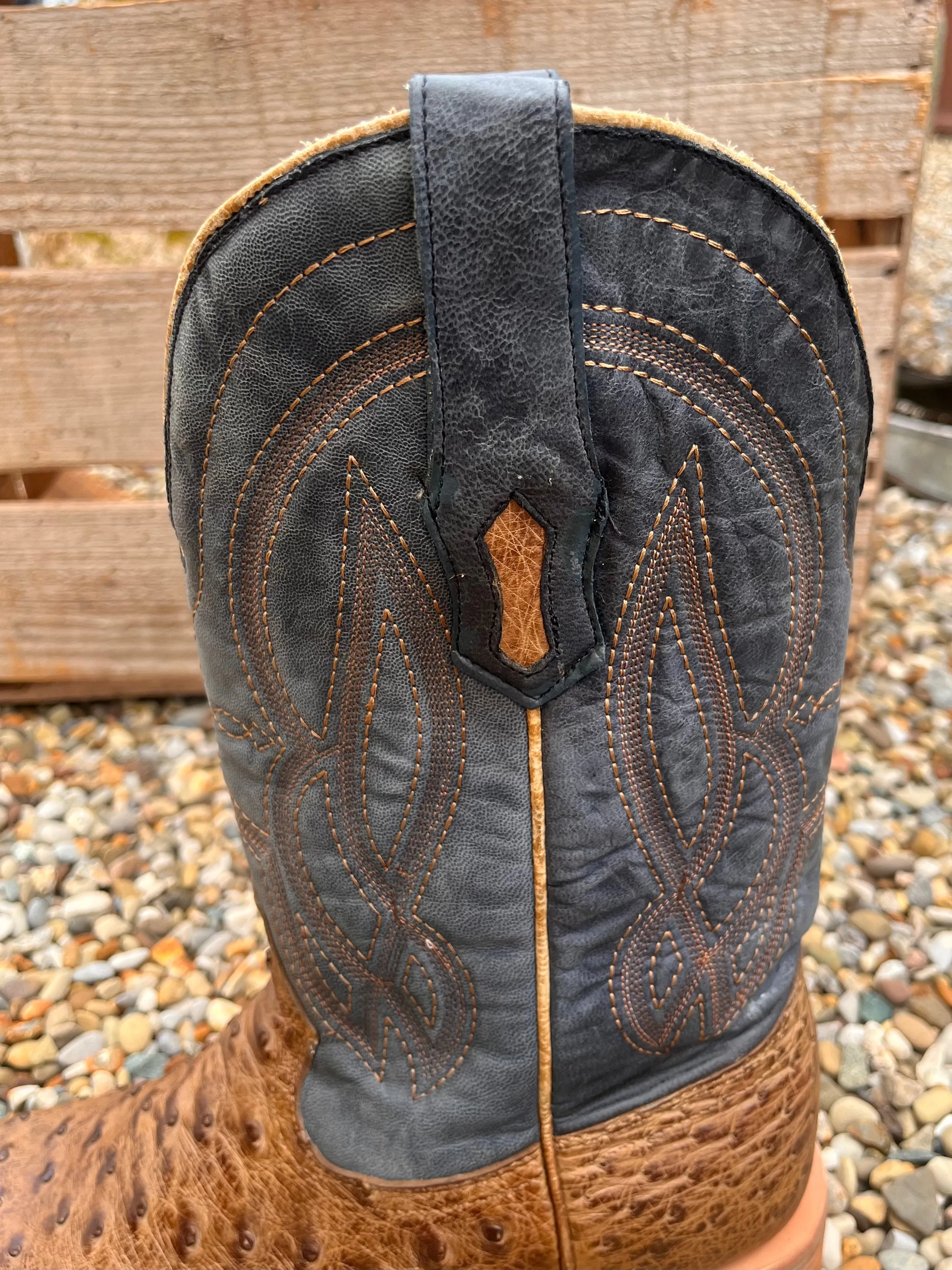 Corral Men's Blue and Orix Brown Full Quill Ostrich Square Toe Cowboy Boots A4052