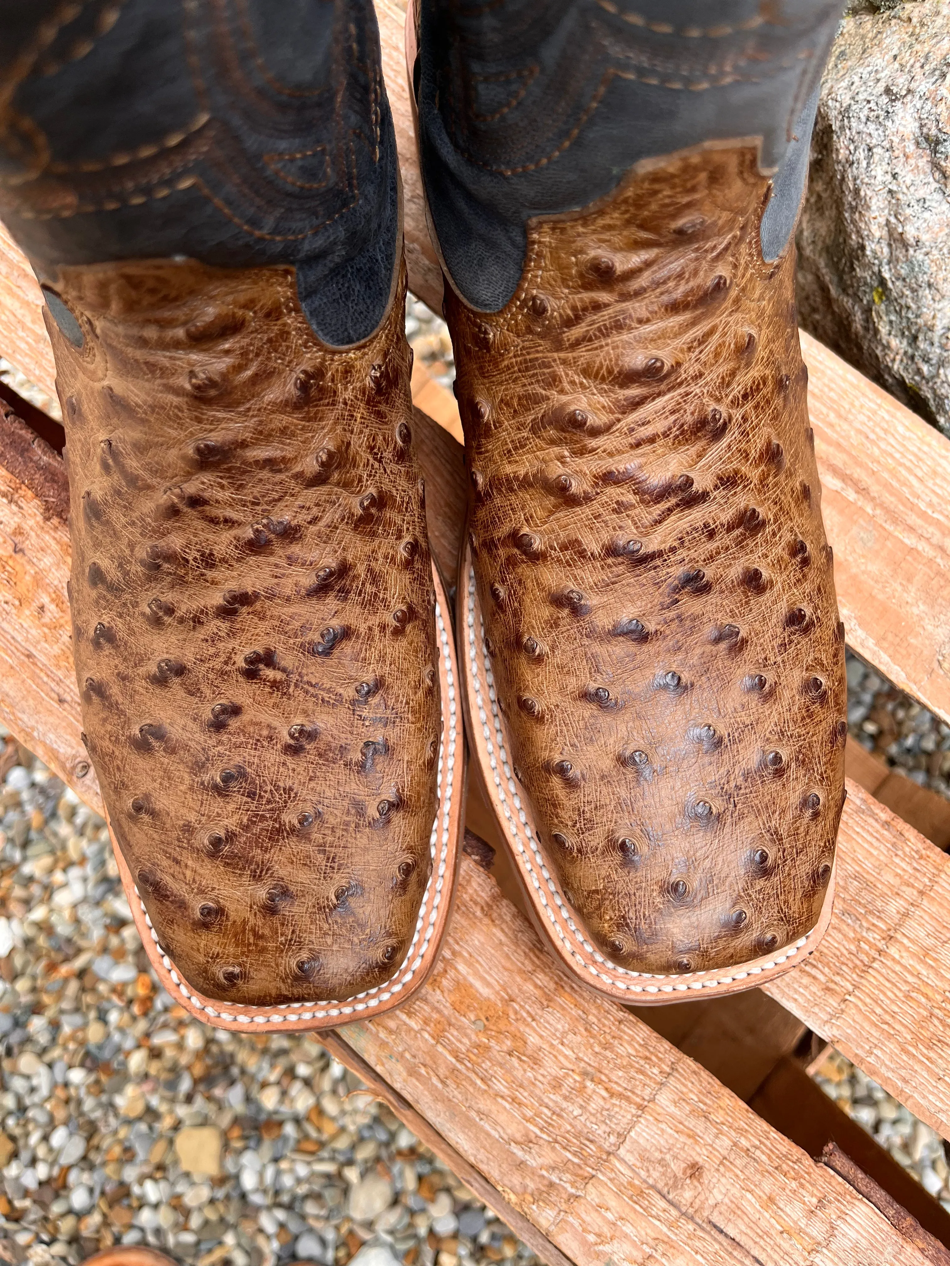 Corral Men's Blue and Orix Brown Full Quill Ostrich Square Toe Cowboy Boots A4052