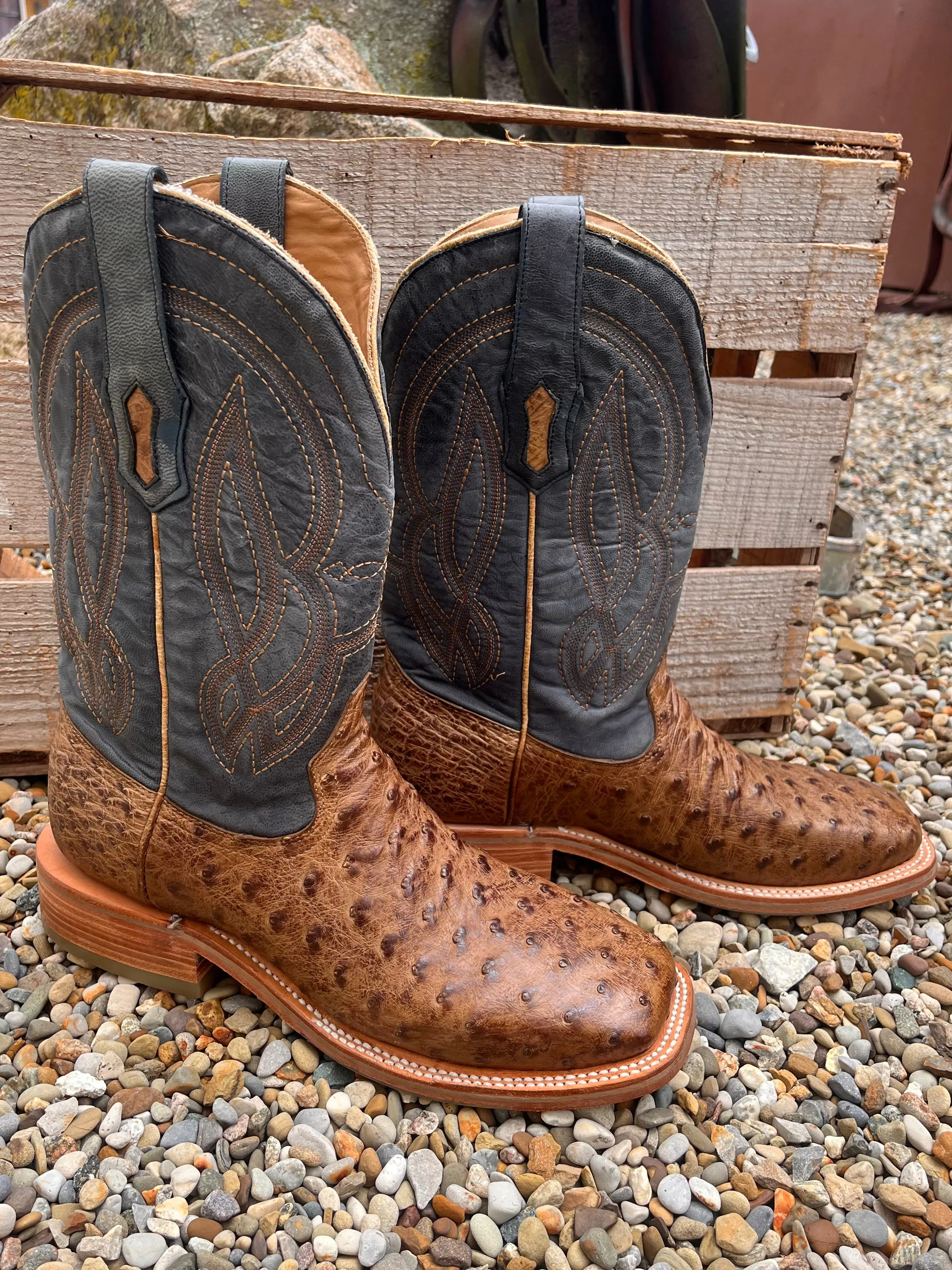 Corral Men's Blue and Orix Brown Full Quill Ostrich Square Toe Cowboy Boots A4052