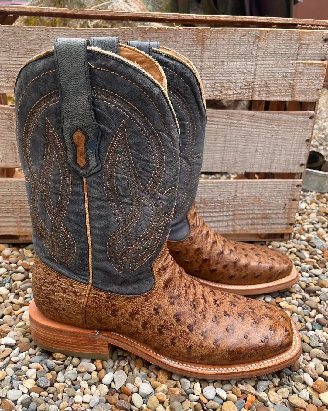 Corral Men's Blue and Orix Brown Full Quill Ostrich Square Toe Cowboy Boots A4052