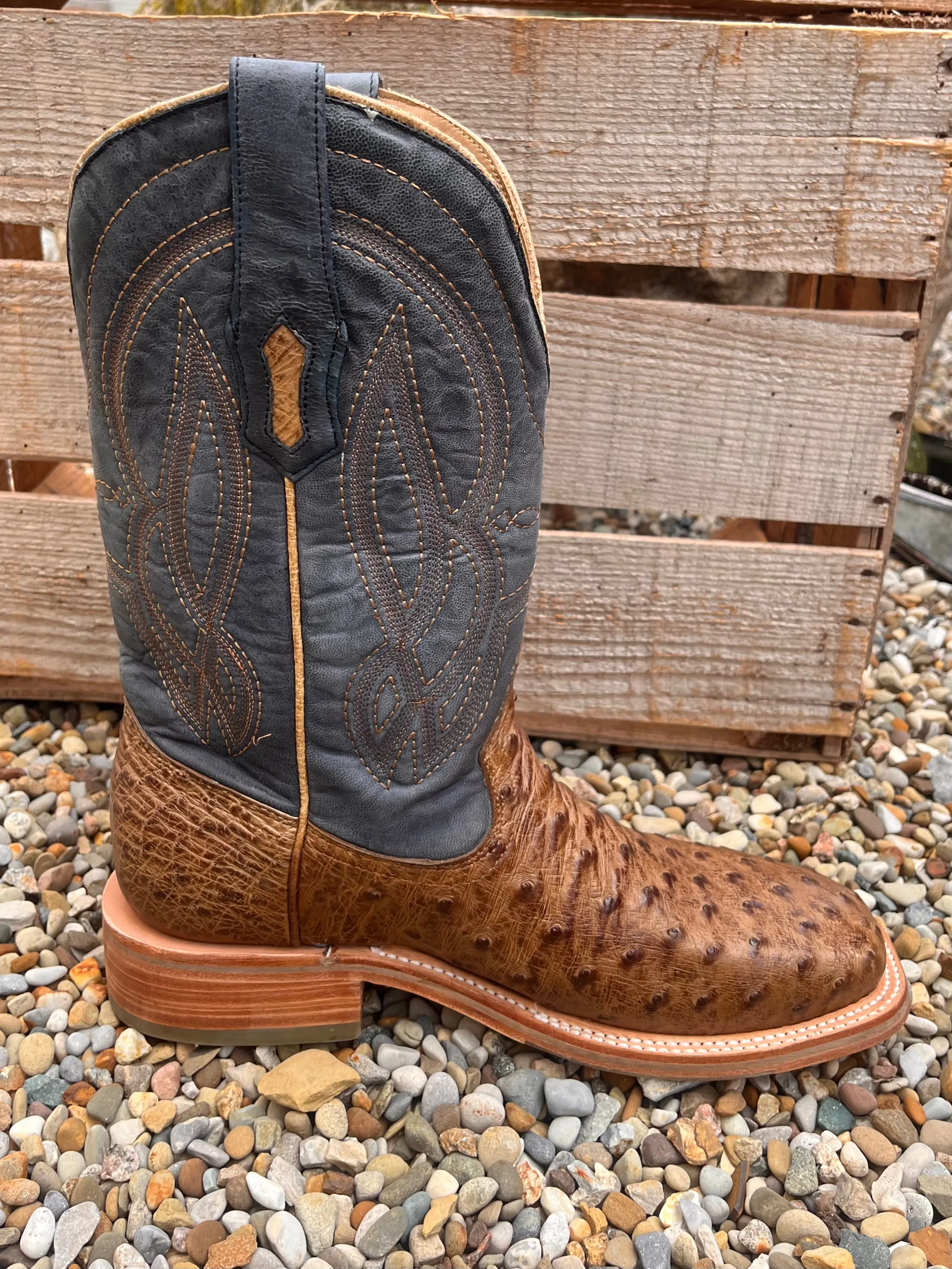 Corral Men's Blue and Orix Brown Full Quill Ostrich Square Toe Cowboy Boots A4052