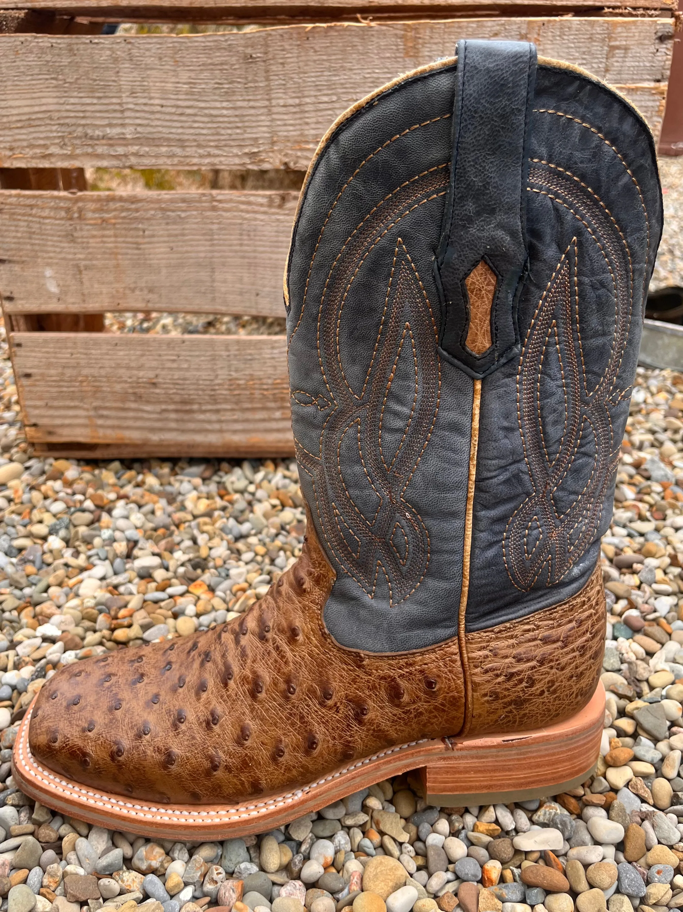 Corral Men's Blue and Orix Brown Full Quill Ostrich Square Toe Cowboy Boots A4052