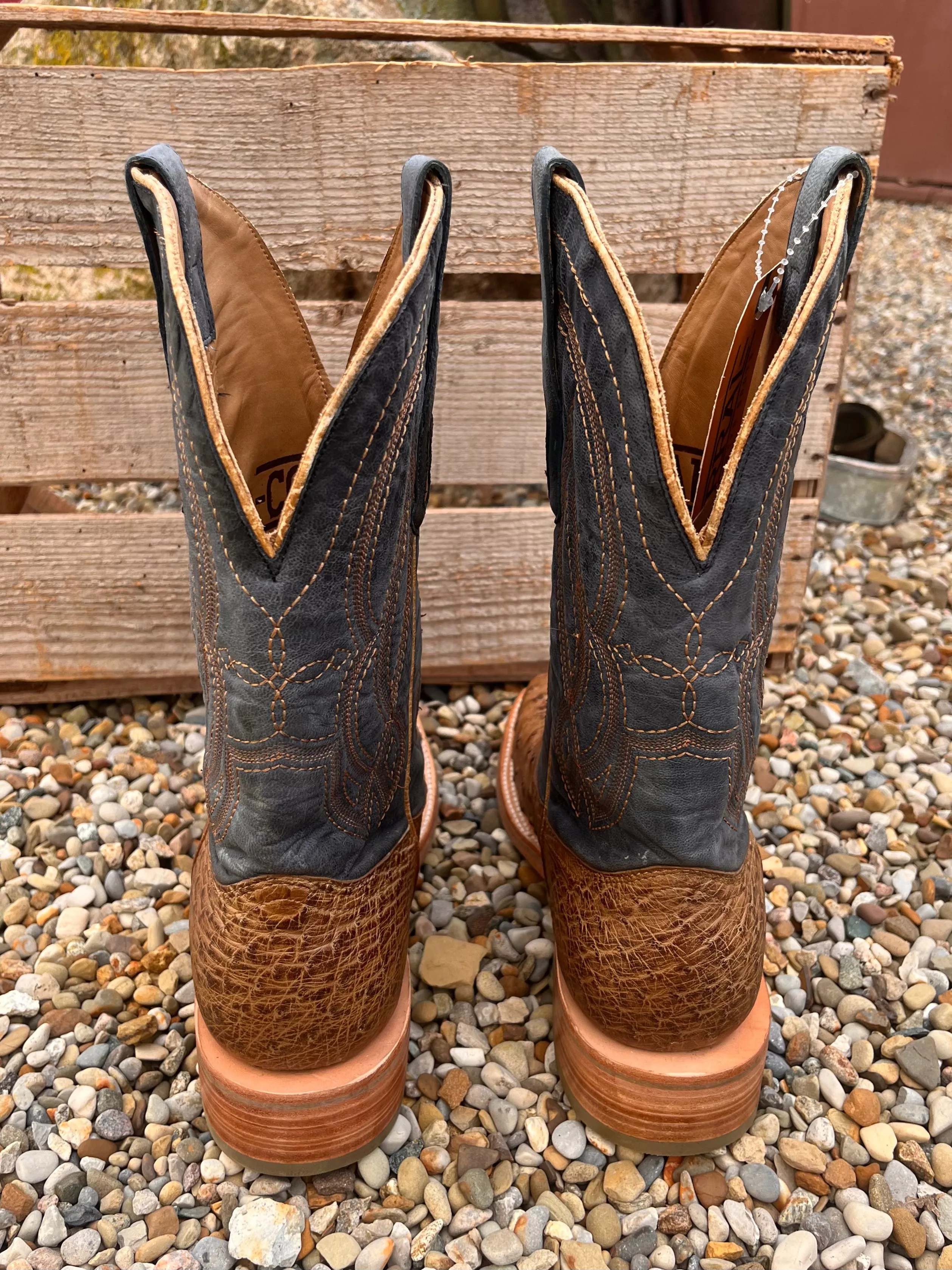 Corral Men's Blue and Orix Brown Full Quill Ostrich Square Toe Cowboy Boots A4052