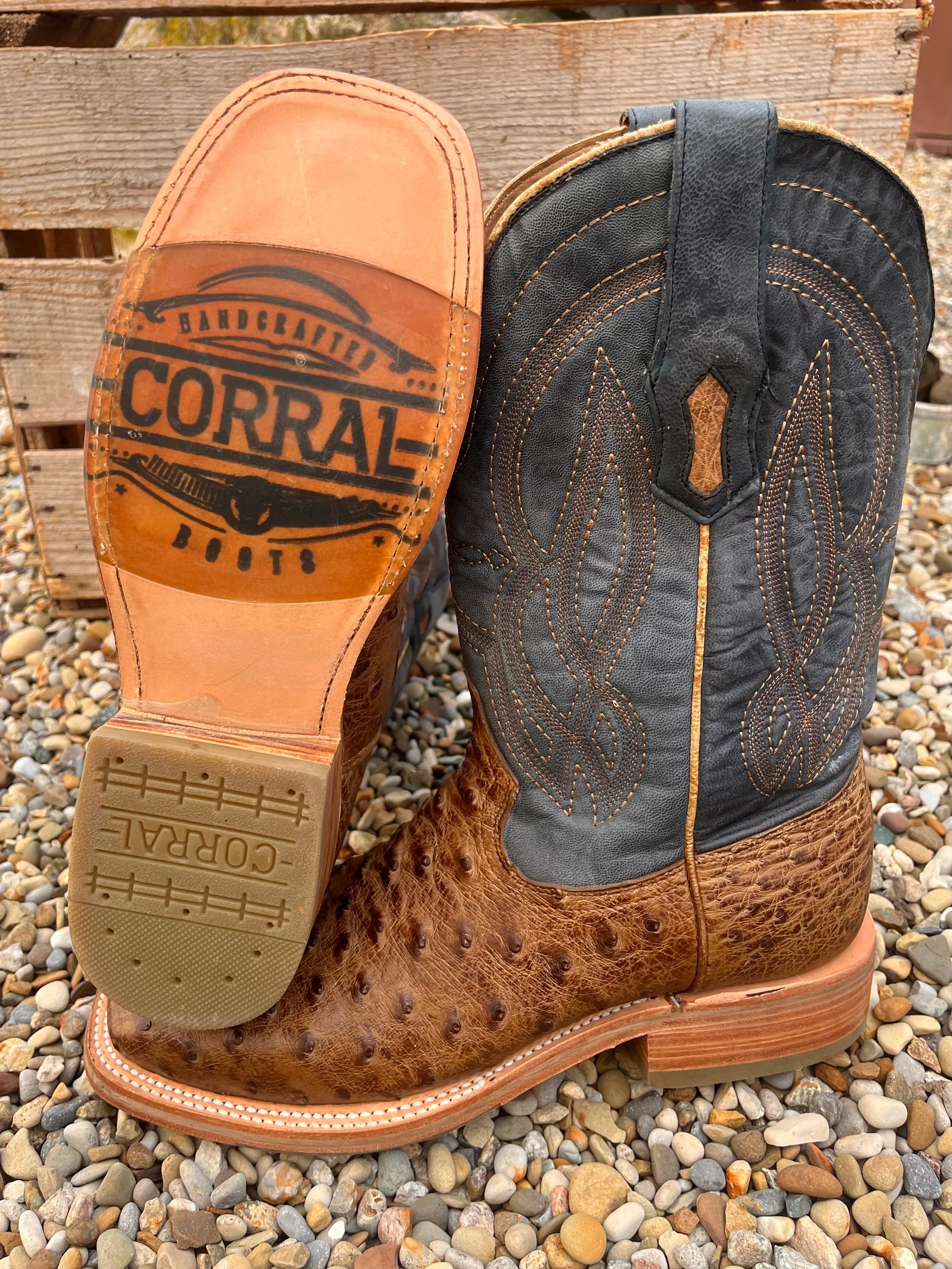 Corral Men's Blue and Orix Brown Full Quill Ostrich Square Toe Cowboy Boots A4052