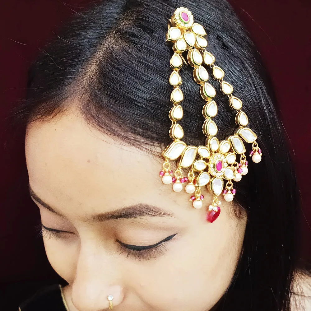 Designer Gold Plated Royal Kundan & Ruby Mangtikka for Bridal (D33)