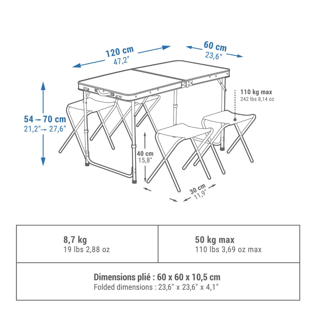 FOLDING CAMPING TABLE - 4 STOOLS - 4 TO 6 PEOPLE - Blue