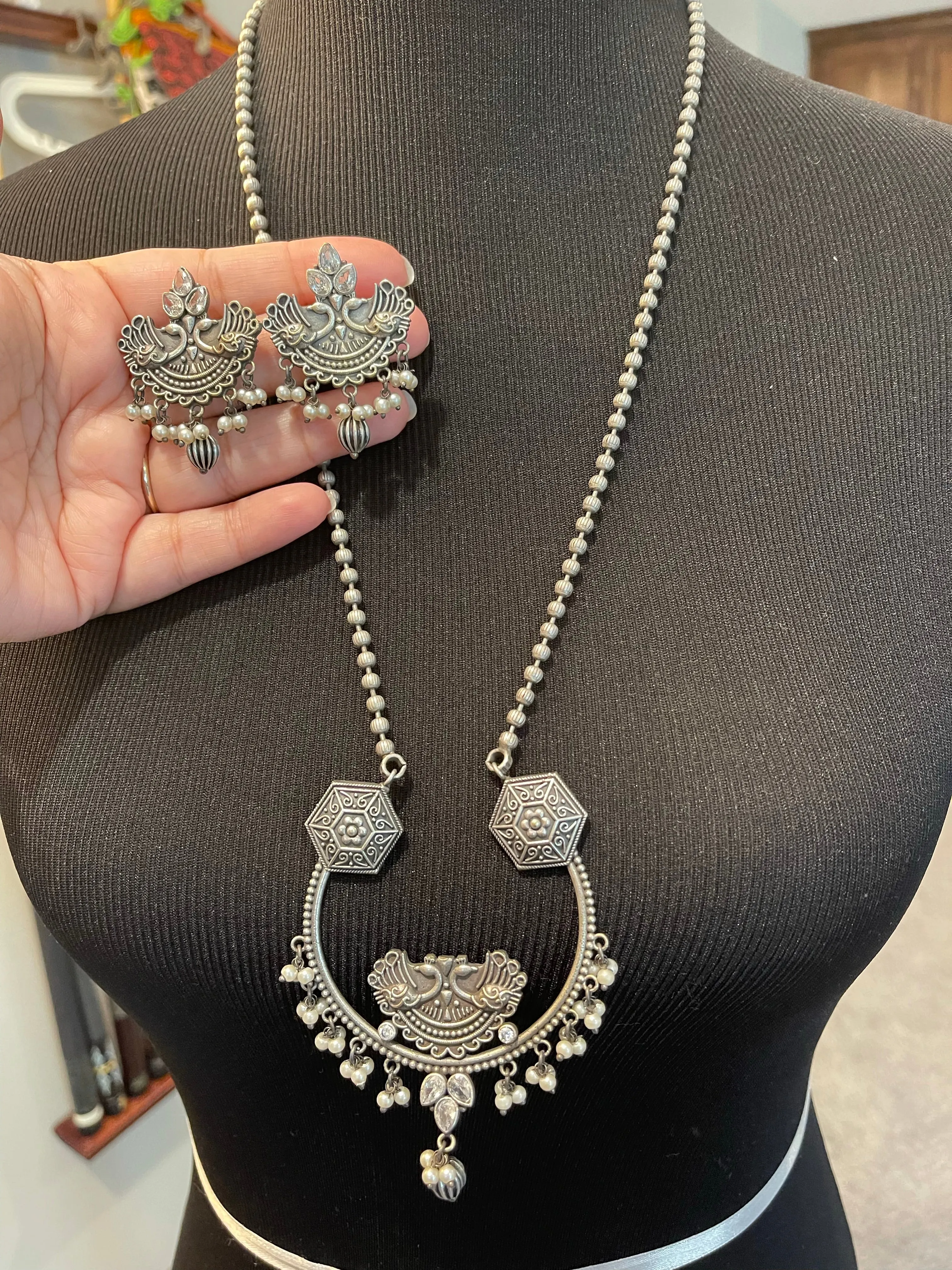 German Silver Half Moon Peacock Necklace with Earrings