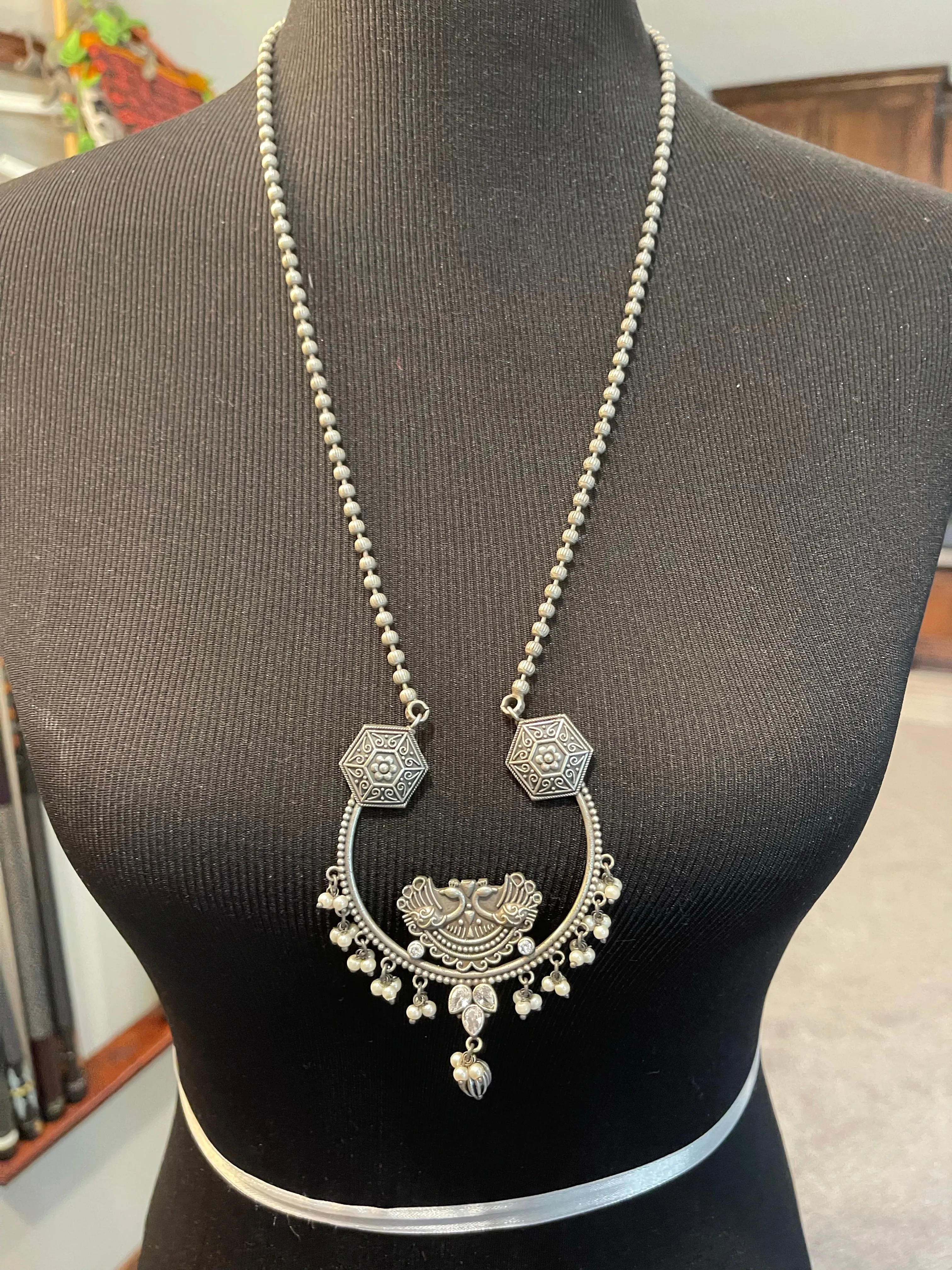 German Silver Half Moon Peacock Necklace with Earrings