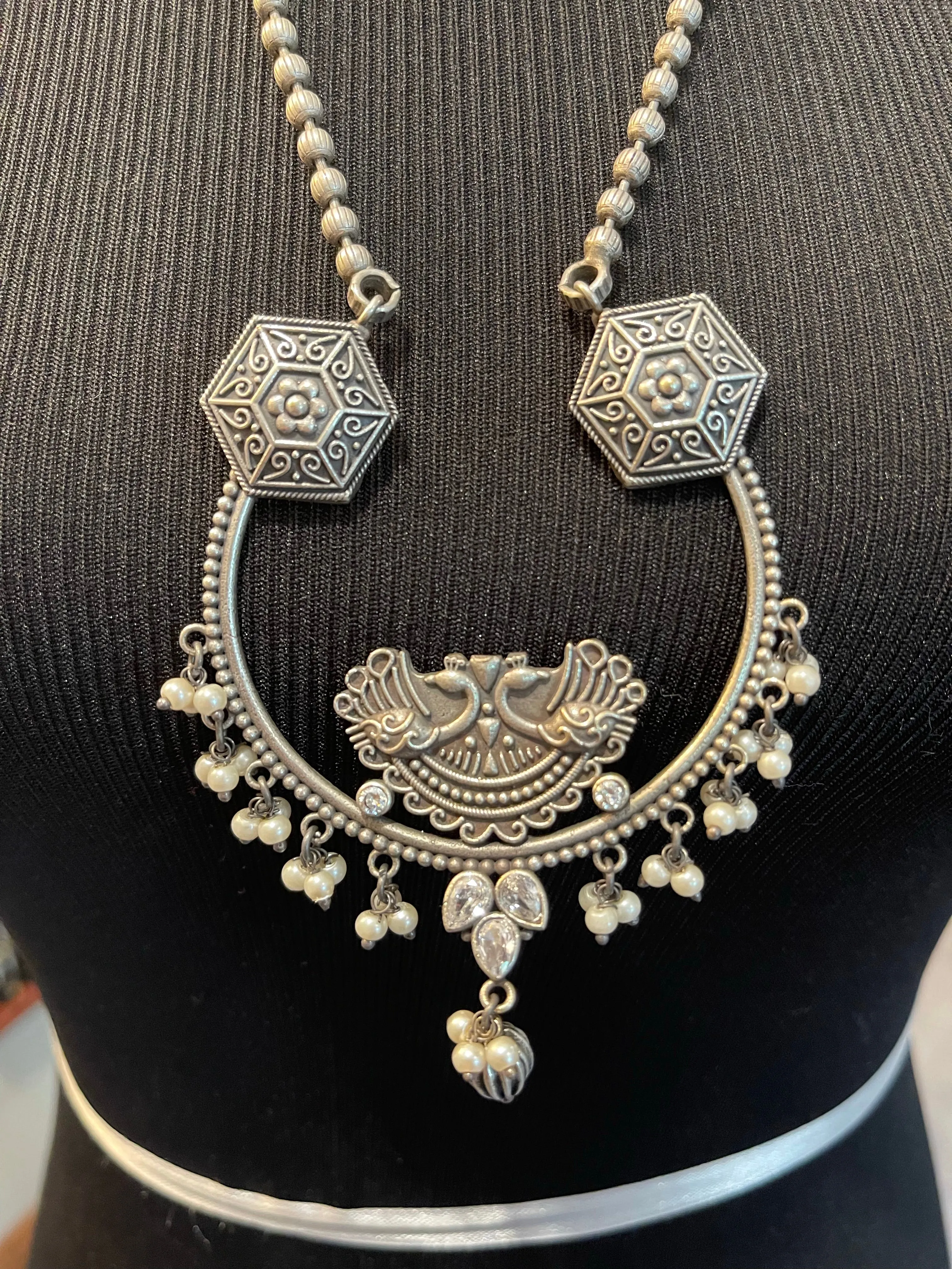 German Silver Half Moon Peacock Necklace with Earrings