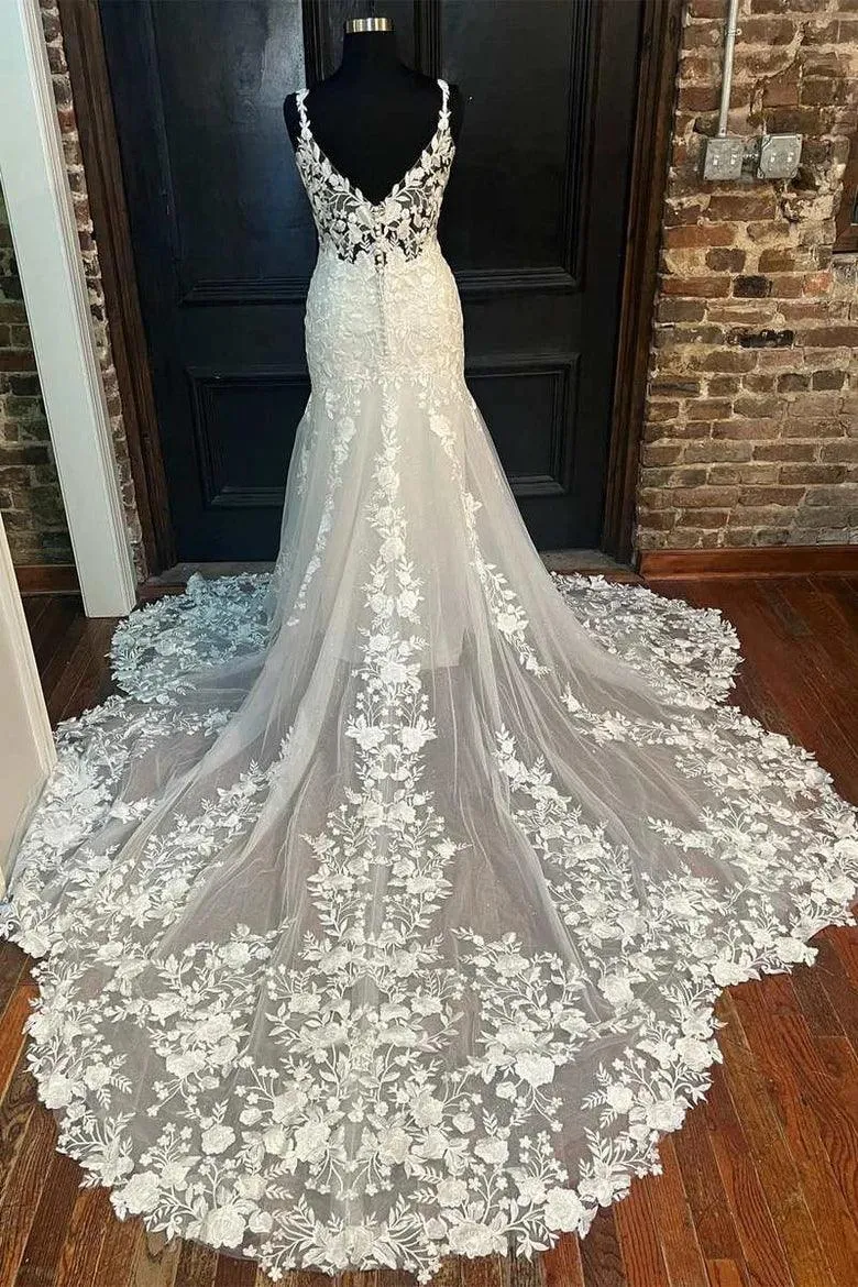 Ivory Floral Lace V-Neck Mermaid Long Wedding Dress Bridal Gown TN338