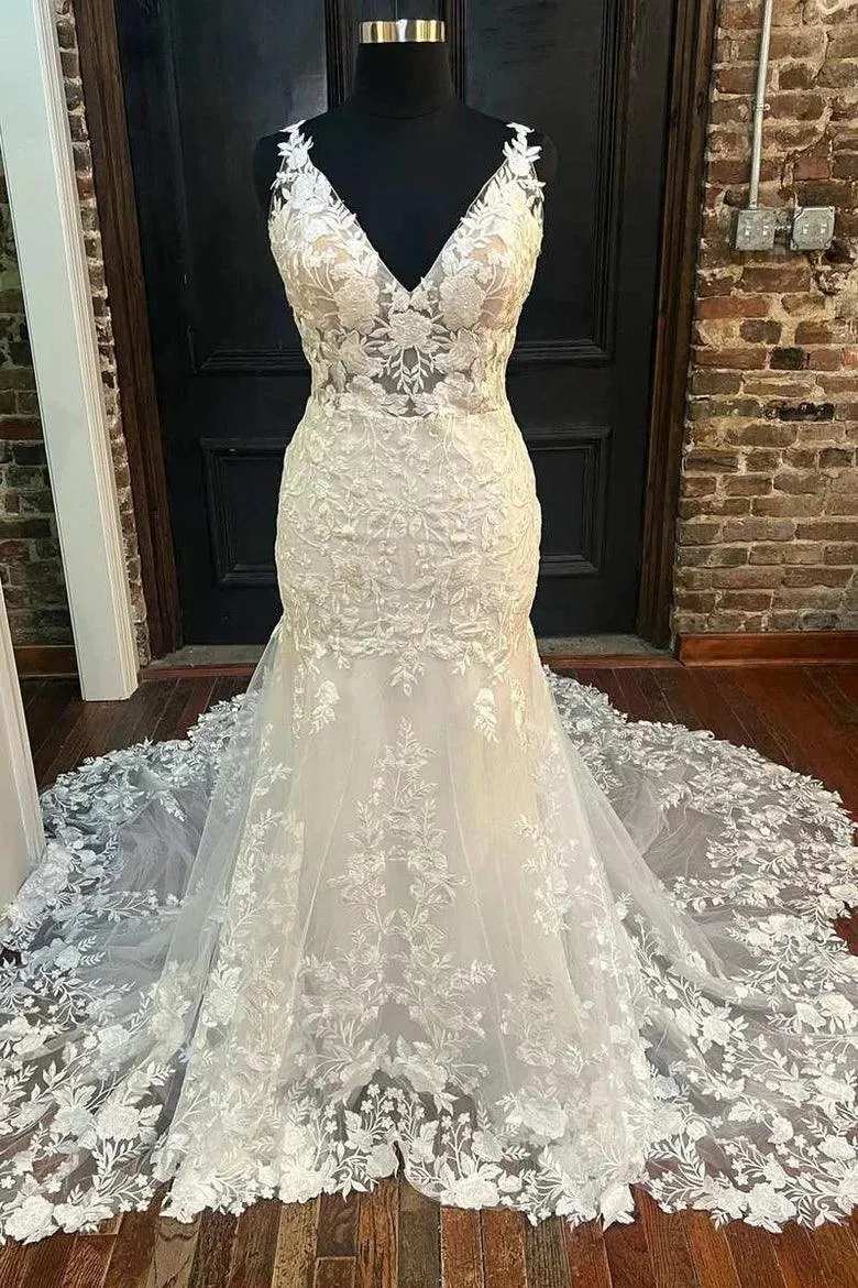 Ivory Floral Lace V-Neck Mermaid Long Wedding Dress Bridal Gown TN338
