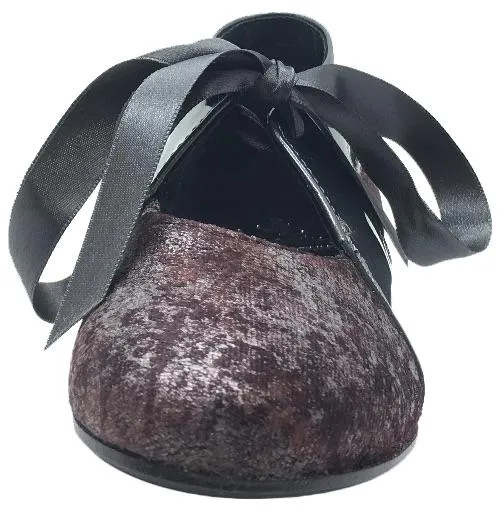 Luccini Girl's Burgundy Cosmic Print Velvet & Grey Patent Leather Ribbon Bow Tie Lace Up Flats