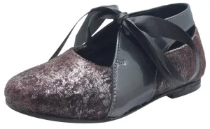 Luccini Girl's Burgundy Cosmic Print Velvet & Grey Patent Leather Ribbon Bow Tie Lace Up Flats