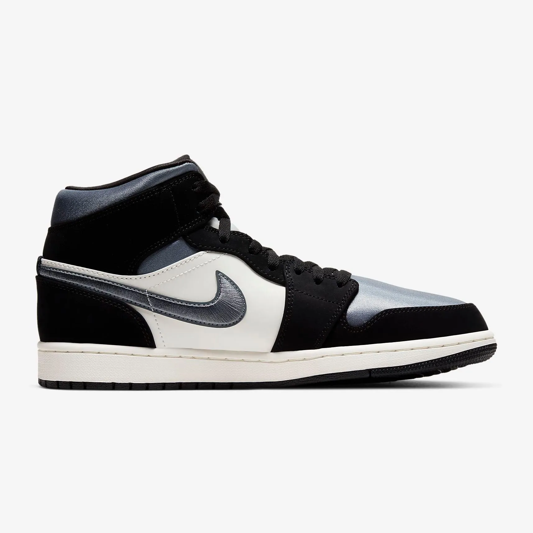 Men's Air Jordan 1 Mid Satin Embroidered Swoosh (Black Sail Smoke Grey)(852542-011)