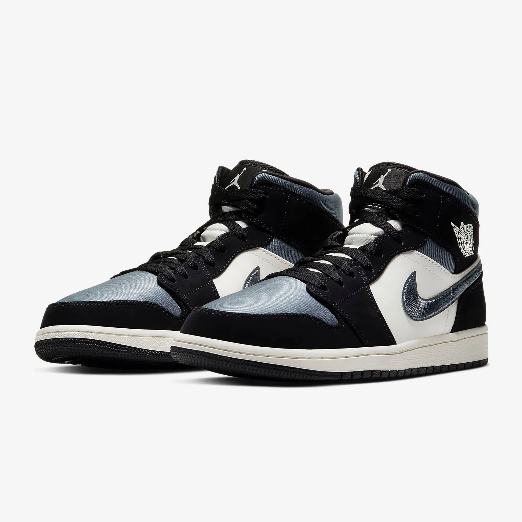 Men's Air Jordan 1 Mid Satin Embroidered Swoosh (Black Sail Smoke Grey)(852542-011)