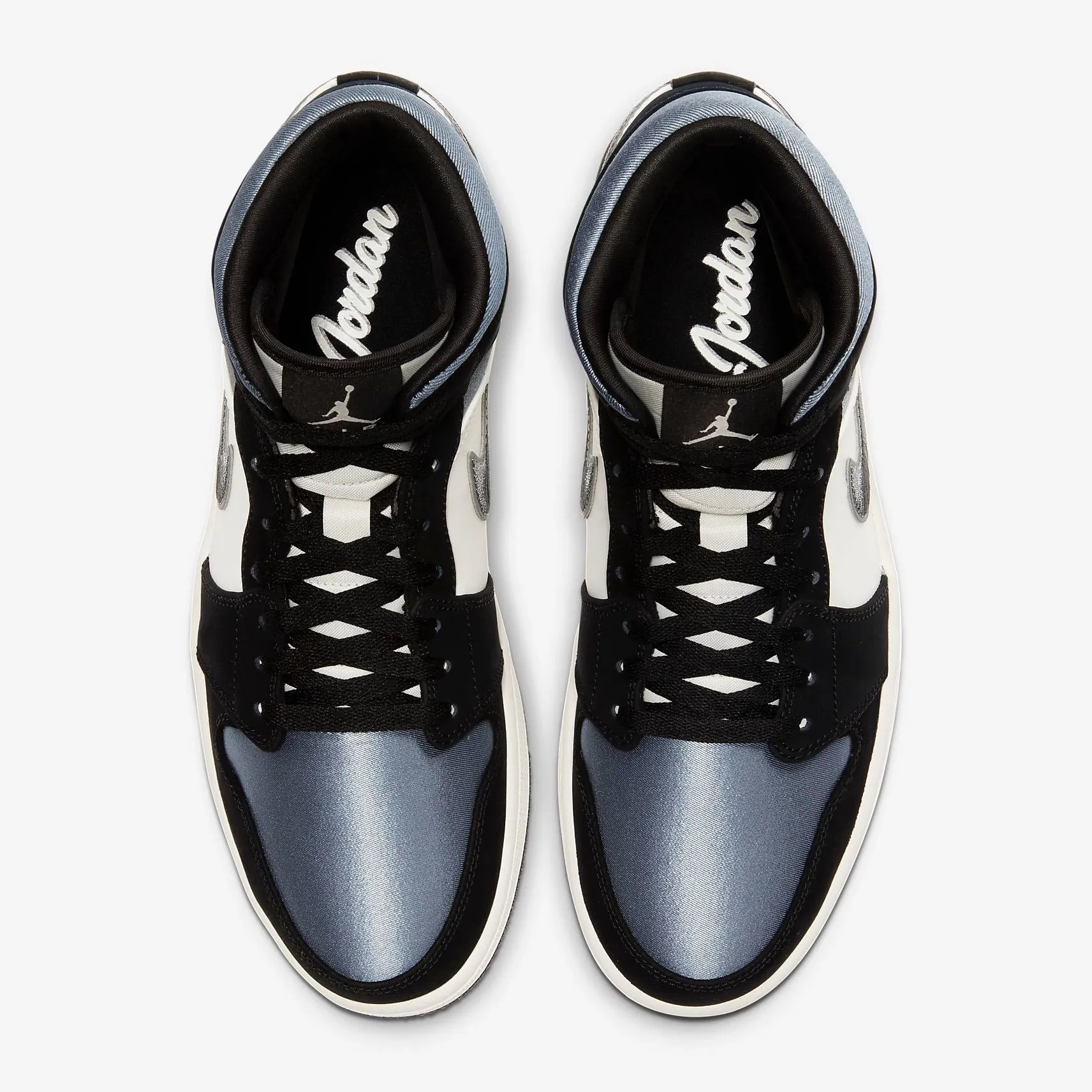Men's Air Jordan 1 Mid Satin Embroidered Swoosh (Black Sail Smoke Grey)(852542-011)