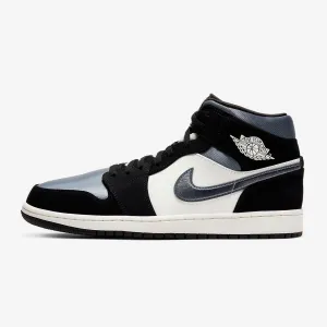 Men's Air Jordan 1 Mid Satin Embroidered Swoosh (Black Sail Smoke Grey)(852542-011)