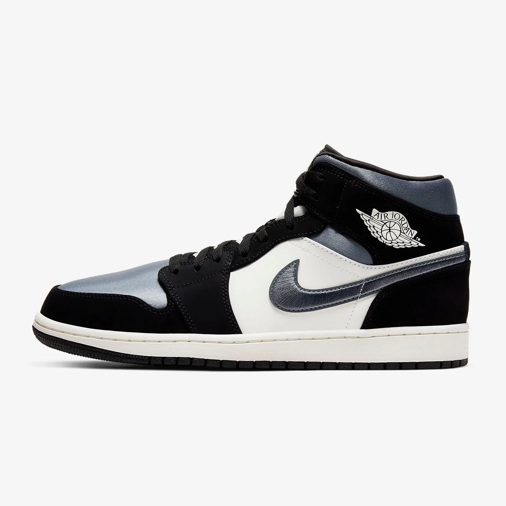 Men's Air Jordan 1 Mid Satin Embroidered Swoosh (Black Sail Smoke Grey)(852542-011)