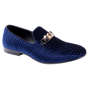 Men's Blue Velvet Material Slip-on Shoe Gold Chain Luxury Loafer