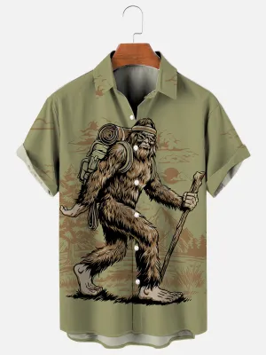 Men's Hiking Bigfoot Outdoor Adventure Graphic Print Hawaiian Short Sleeve Shirt