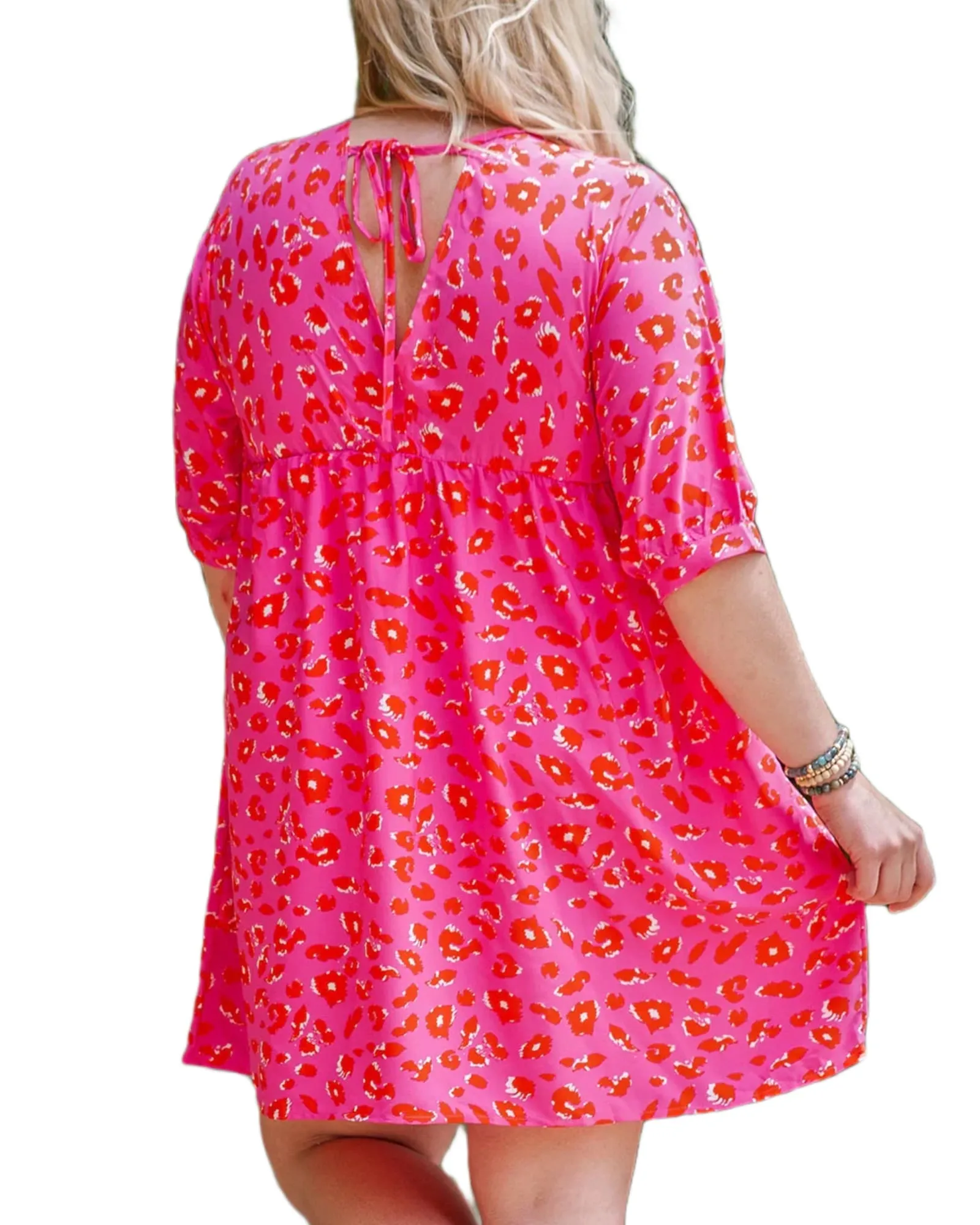 Rose Plus Size 3/4 Sleeves V Neck Leopard Dress | Rose