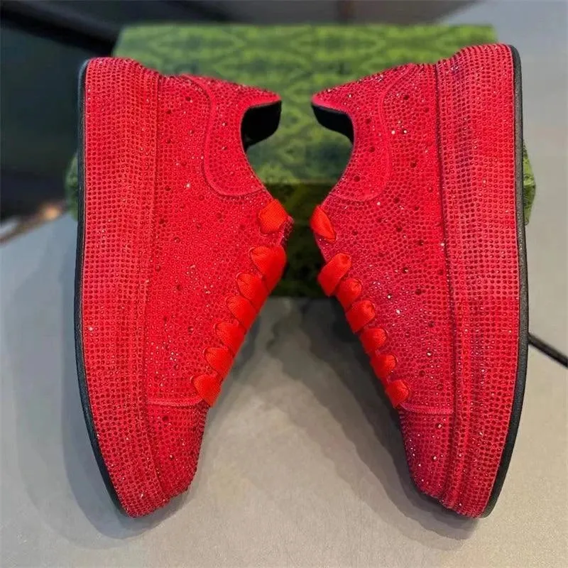 The Regal Rhinestone Revolution: Men's Red-Black High Drama Hip-Hop Luxe Loafers
