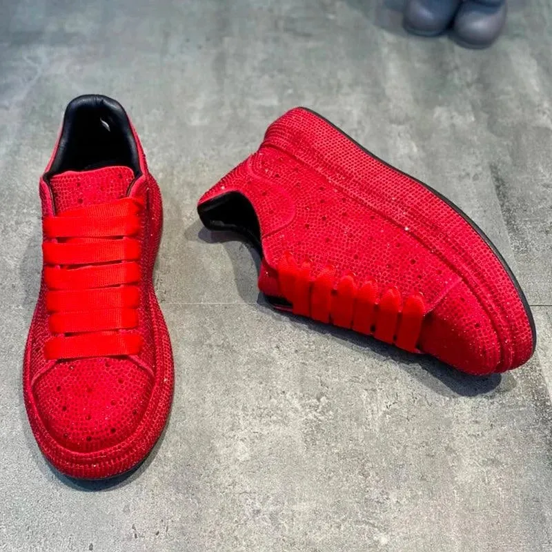 The Regal Rhinestone Revolution: Men's Red-Black High Drama Hip-Hop Luxe Loafers