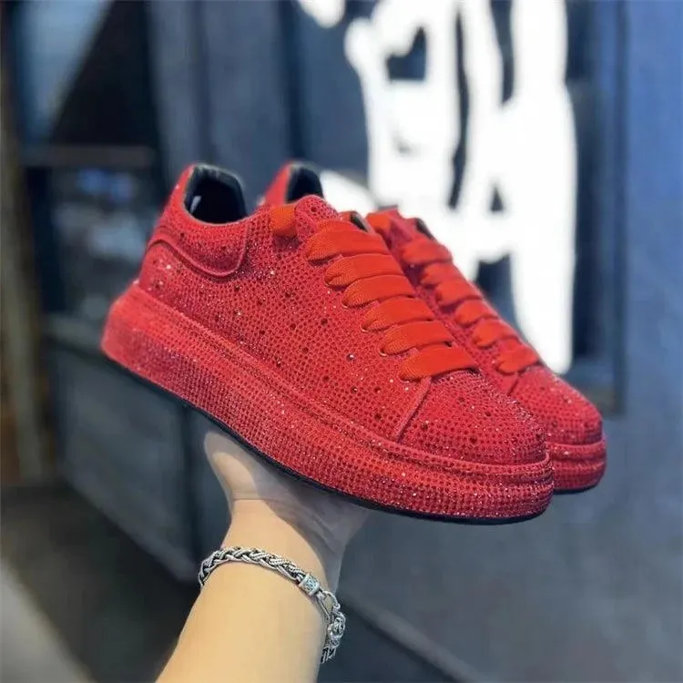 The Regal Rhinestone Revolution: Men's Red-Black High Drama Hip-Hop Luxe Loafers